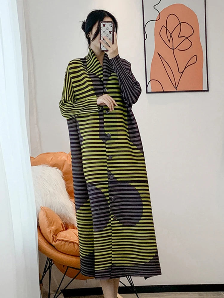 LANMREM Striped Print Contrast Color Pleated Dress For Women Lapel Long Sleeve Casual Loose Dresses Spring New Women Casual - Women Plus Size Clothing