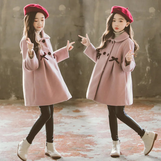 New Warm Outerwear Fashion Winter Woolen Kids Windproof Clothing Woolen Solid Colour Teens Long Coats girl jacket