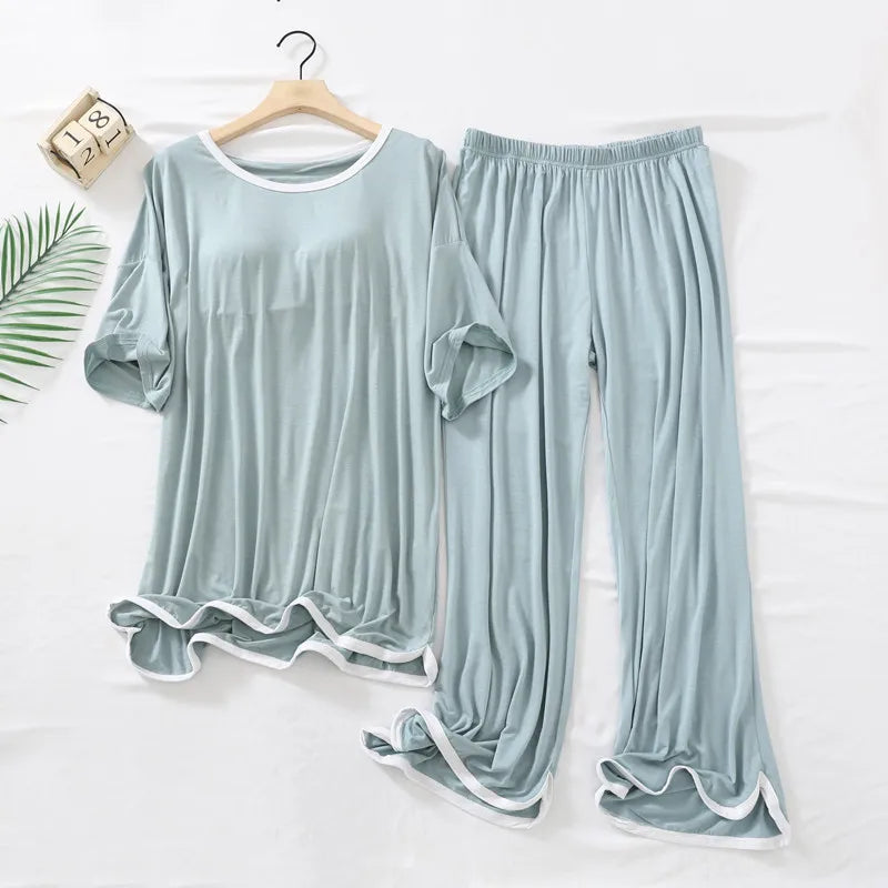 Fdfklak Lady Wear Round Neck Sleepwear Modal Pajamas Suit Female With Chest Pad Spring Autumn New Home Clothes women lounge