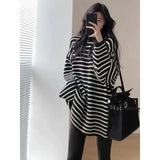 Fashion O-Neck Loose All-match Striped T-Shirt Female Clothing Autumn Winter New Pullovers Korean Women Tops - Women Casual