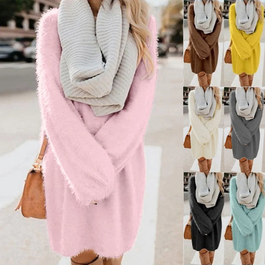 Plush Turtleneck Warm Mini Dress Woman Winter Knit Pocket Fleece Solid Long Sleeve Sweater Ladies Dresses Female Vestidos Women Tops - Women Shorts - Women Casual - Women Prom