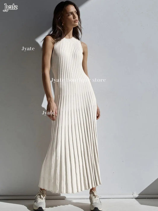 Sleeveless Pleat Knit Dress Round Neck A-line Pit Strip Slim Long Dress Sundress Solid Color Women Summer Dresses Women Casual - Women Prom