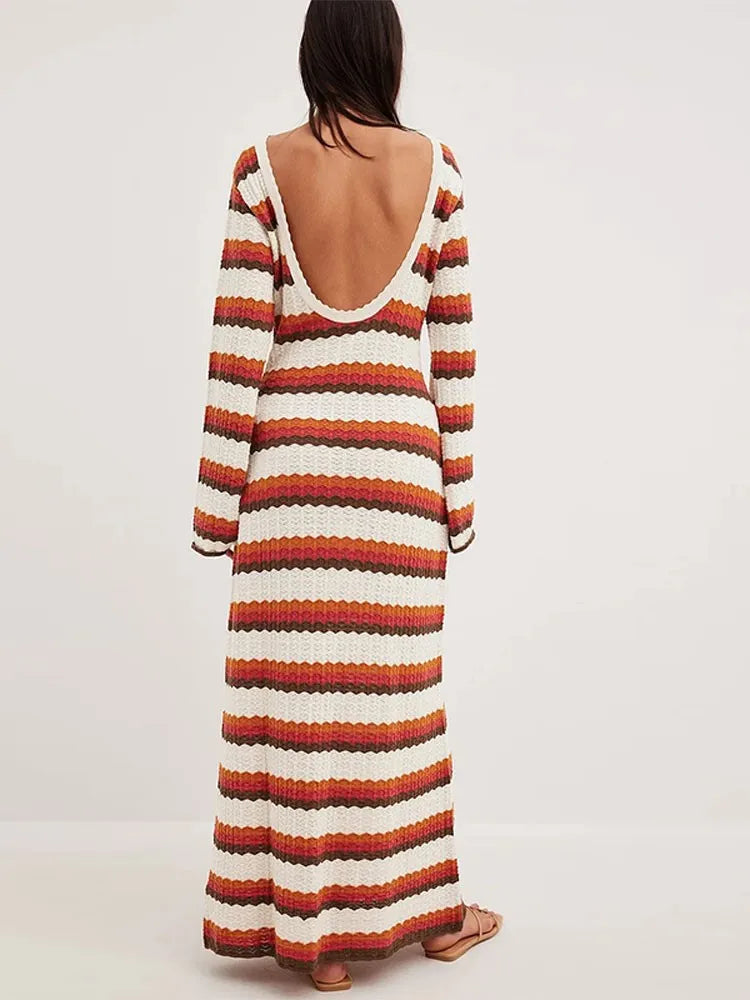 Contrast Striped Knitted Cotton Dresses Woman Fashion O-Neck Long Sleeve Slim Backless Maxi Dress Lady Bodycon Vestidos Women Casual - Women Plus Size Clothing