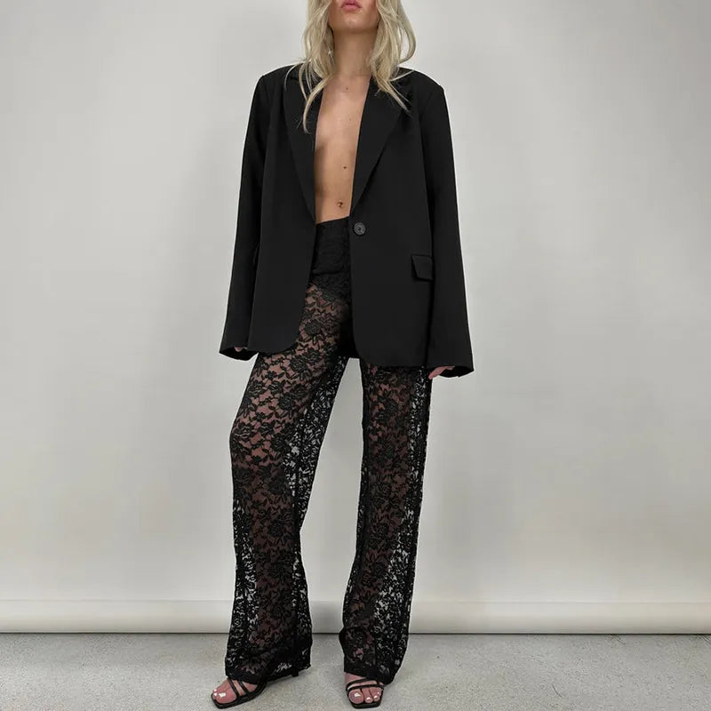 New sexy all-match lace see-through high waist splicing long casual Y2K straight trousers elegant and luxurious women contemporary