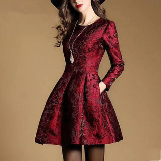 New Autumn Long Sleeve Jacquard Party Slim O-neck Printing Dresses Women A-line Vintage Vestidos Spring Women Prom