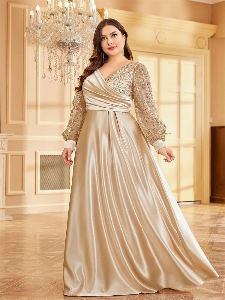 XUIBOL Luxury Gold Sequin V-Neck Evening Dress Woman Long Sleeve Satin Wedding Party Floor Lenght Cocktail Women Plus Size Clothing - Women Prom