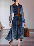 Elegant Woman Dresses Retro Turndown Collar Leopard Print Long Dress Autumn Single Breasted Long Sleeve Western Cowboy Dress