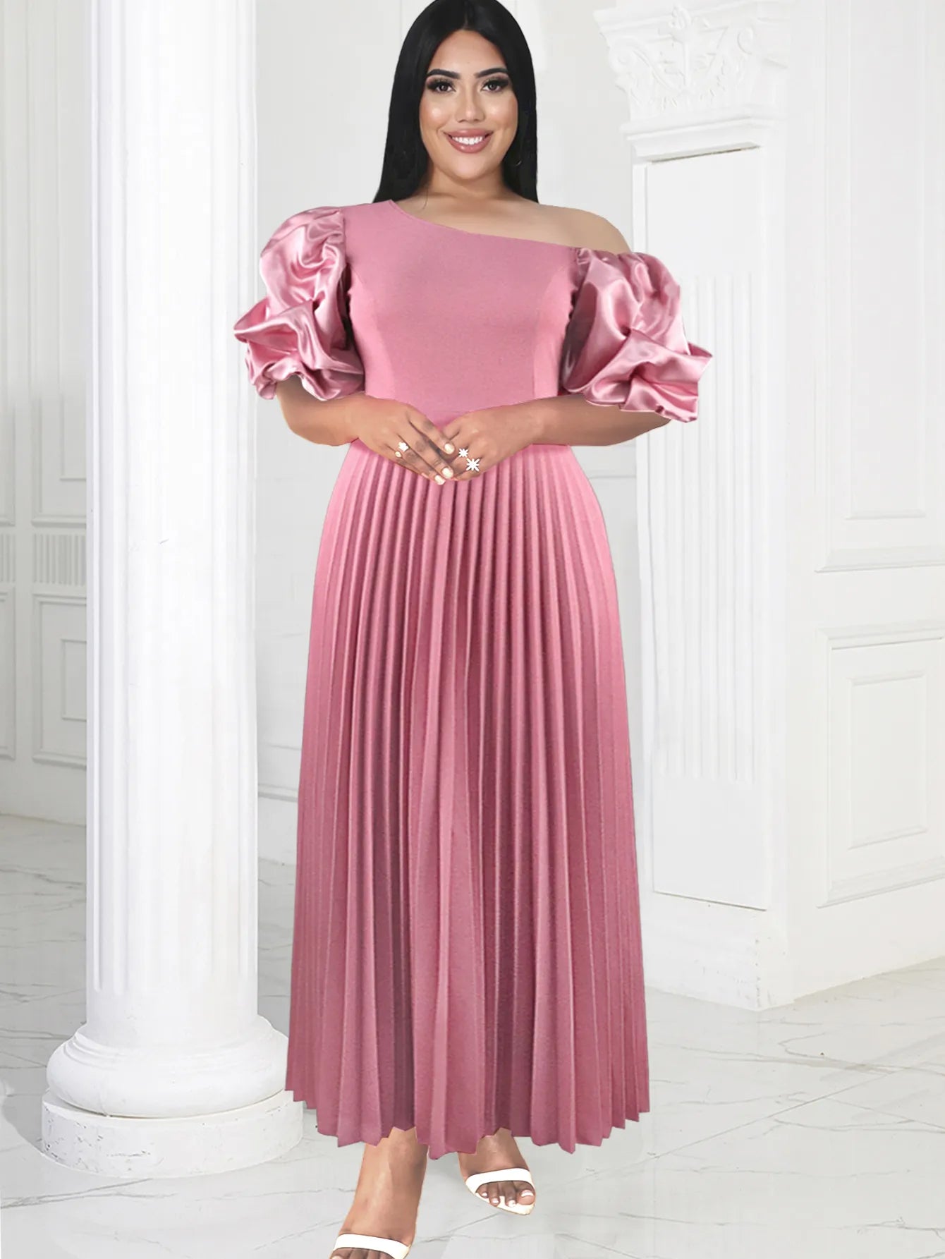 ONTINVA Cold Shoulder Dresses Plus Size Short Puff Sleeve Pink Empire A Line Pleated Outfits for Ladies Event Party  Women Plus Size Clothing - Women Prom