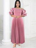 ONTINVA Cold Shoulder Dresses Plus Size Short Puff Sleeve Pink Empire A Line Pleated Outfits for Ladies Event Party  Women Plus Size Clothing - Women Prom