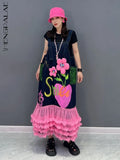 SHENGPALAE Fashion Chic Strap Dress Flower Spliced Blue Pink Denim Panel Mesh Robe Women's Summer New Clothing Women Casual