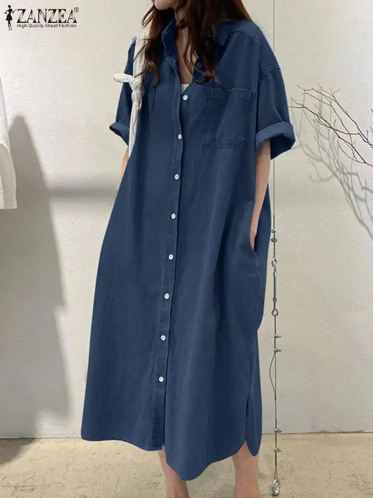 ZANZEA Vintage Denim Dress Woman Short Sleeve Lapel Neck Shirtdress Fashion Solid Sundress Elegant Work OL Vestidos Oversized Women Plus Size Clothing - Women Prom