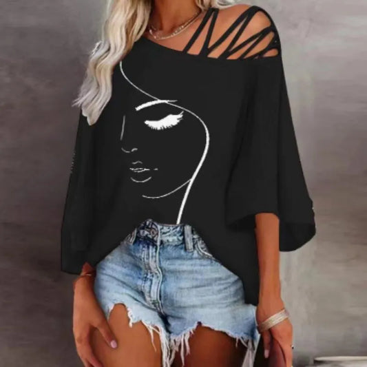 Women's Fashion Summer Print Hollow Out Female Sexy Loose T-shirt S-XXL Women Tops - Women Casual