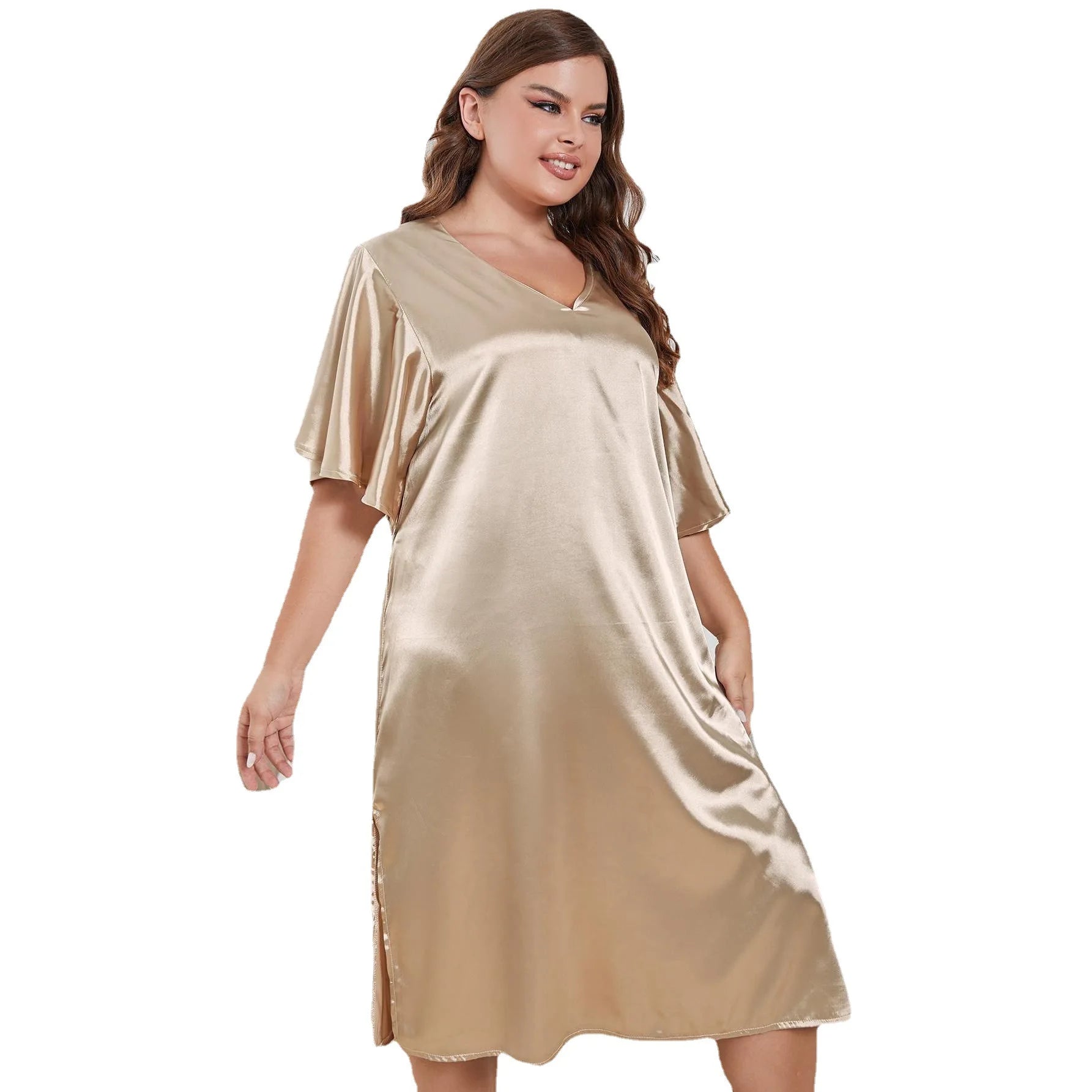 Plus-size Pajama Ladies Summer Ice Silk Solid Color Loose V-neck Nightdress Comfort Simple Loose Family Clothing XL-4XL Women Casual - Women Plus Size Clothing - Women Sleep