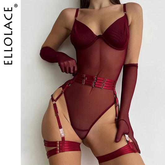 Tight Fitting Lace Bodysuit Sexy See Through Body With Gloves Garter Night Club Outfit Sissy Crotch less Mesh Women Tops & Tees - Women Lingerie