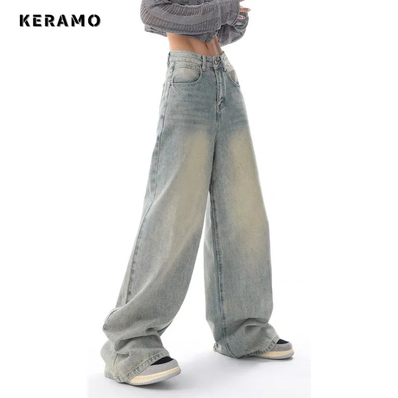 Korean Vintage Casual High Waist High Street Style Light Blue Straight Jeans Pants Women's Wide Leg Baggy Y2K Denim Trouser  Women Jeans