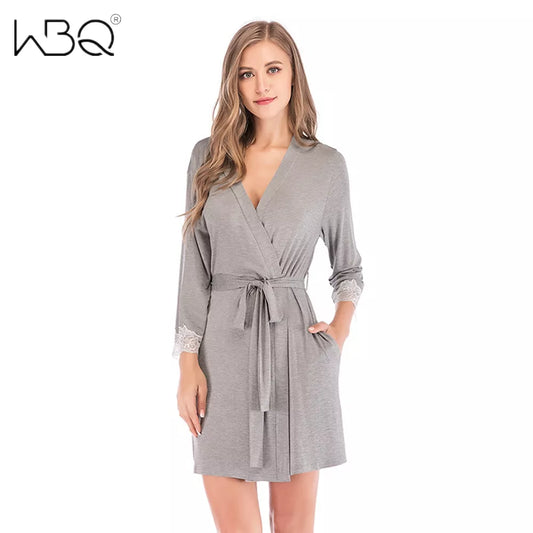 Modal Cotton Robes for Women Sexy Bathrobe Lace V-neck with Belt Comfortable Wedding Home Sleepwear Bride Robes Nightgown women lounge