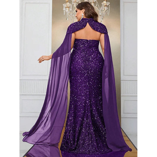 Luxurious Strapless Cape Wedding Shiny Long Evening Gown 5XL6XL Big Size Banquet Festive Sequin Dress for Women Plus Size Clothing - Women Prom