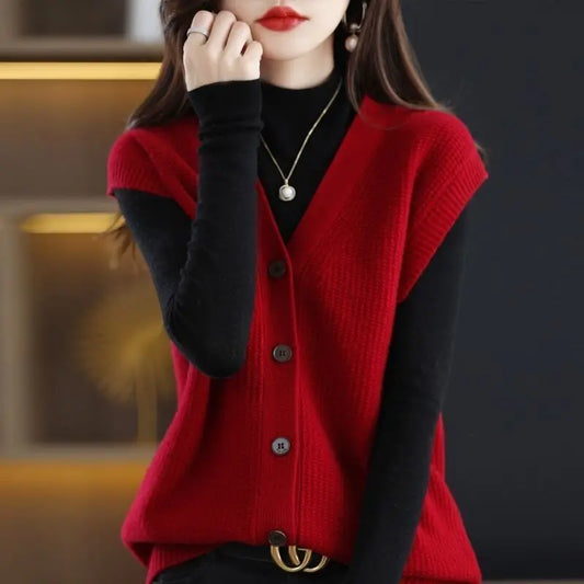 Autumn and Winter New V-neck Knitted Cardigan Tank Top Women's Korean Version Loose Versatile Casual Sleeveless Sweater