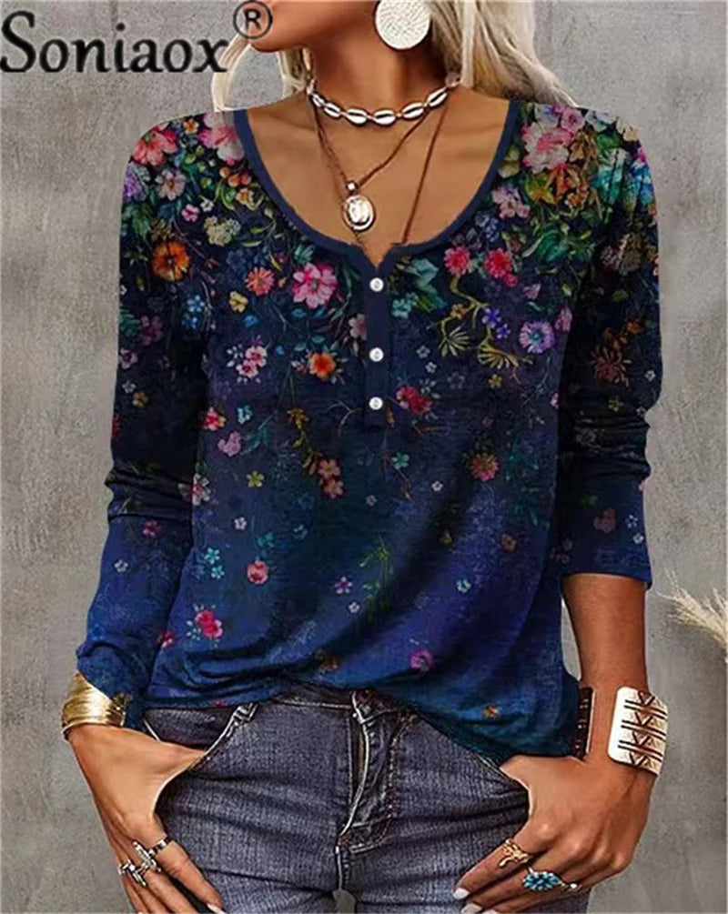 Vintage Flower Mang Button U Collar T-shirt Woman Elegant Pullover Tees Autumn Commuter Loose Splicing Long Sleeves Women Casual - Women Tees