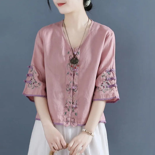 Retro Embroidered Knot Button Cotton Shirt Womens Summer New Chinese Zen Tea Gown Loose Short V-neck Women Tops