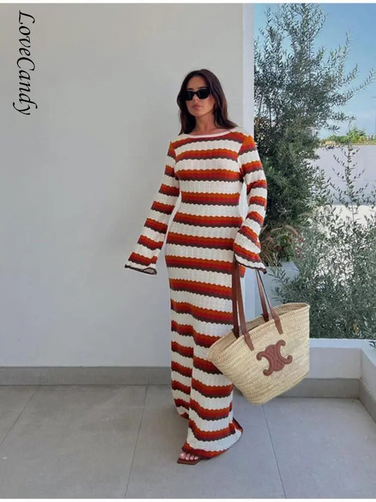 Contrast Striped Knitted Cotton Dresses Woman Fashion O-Neck Long Sleeve Slim Backless Maxi Dress Lady Bodycon Vestidos Women Casual - Women Plus Size Clothing