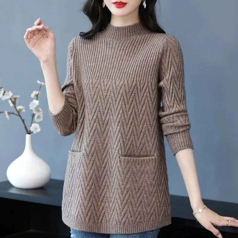 Women's Sweaters Pullover New Solid Half High Collar Thick Warm Long Knitted Sweaters Winter Women Tops & Tees