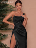 Elegant One Shoulder Backless Satin Ruched Split Maxi Dress Women Sexy Party Evening Long Dresses Spring Summer Black women prom - women contemporary