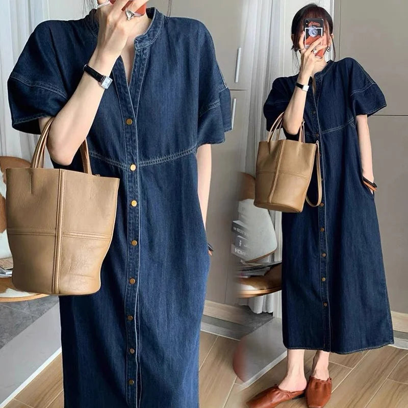 Summer New Dress Fat Girl Personality Drawstring Denim Shirt Artistic Outerwear Plus size Short sleeve Cardigan A-line Skirt Women Dress For Work