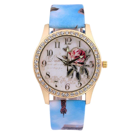 Fashion Printed Flower Luxury Quartz Leather Wrist Fashion Clocks Relogio women watch