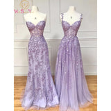 Lilac Evening Dresses Long Lace Appliques Crystal Mermaid Sweetheart Sweep Train Corset Back Sleeveless Gowns Women Prom