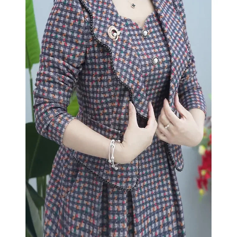 Print Dress 2 Piece Set Woman Cropped Blazer Coat+Sleeveless Round Neck Dress Outfits Office Lady Korean Plus Size Suits Women Dress For Work - Women Short - Women Tees - Women Prom