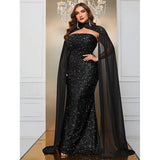 Luxurious Strapless Cape Wedding Shiny Long Evening Gown 5XL6XL Big Size Banquet Festive Sequin Dress for Women Plus Size Clothing - Women Prom