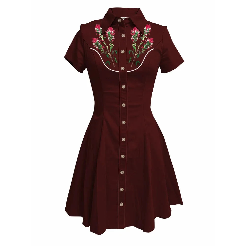 Western Vintage Flower Printed Western Cowboy Dress Women Button-down Dress Short Sleeves 100% Cotton Dress Summer Streetwear