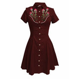 Western Vintage Flower Printed Western Cowboy Dress Women Button-down Dress Short Sleeves 100% Cotton Dress Summer Streetwear