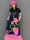 SHENGPALAE Fashion Chic Strap Dress Flower Spliced Blue Pink Denim Panel Mesh Robe Women's Summer New Clothing Women Casual