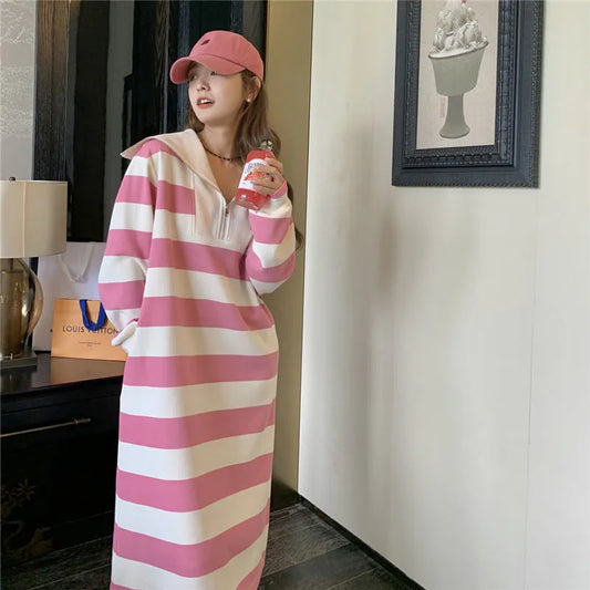 Spring Autumn New Striped Zipper Patchwork Midi Dress Long Sleeve Loose Dresses Fashion Trend Women Casual - Women Plus Size Clothing