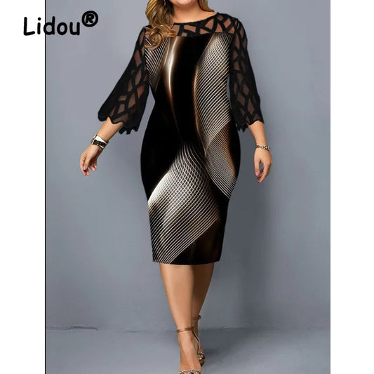 Elegant Lace Mesh Patchwork Bodycon Party Dresses for Women Summer Fashion Print Black Midi Dress Robe Femme Women Plus Size Clothing