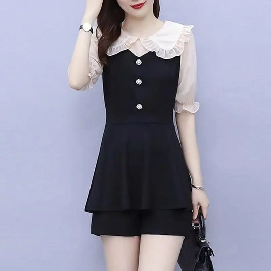 Women's Dress Fashion Summer New Plus Size Clothing Doll Collar Top Shorts Two Piece Set Professional Suit For Women Casual - Women Tees - Women Short