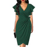 OTEN Women's Deep V-neck ruffle sleeve pleated irregular dress casual summer cocktail party work belt wrap hip dress Women Work Dress - Women Tops