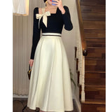 Elegant Hepburn Women's Dresses Spring Korean Fashion Chic Square Collar Bow Long Sleeve Vestidos Patchwork Prom A-Line Dress women prom - women contemporary