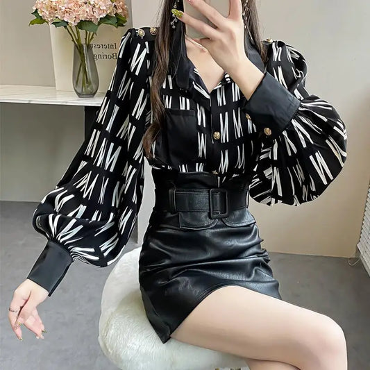 Fashion Lapel Printed Spliced Pockets Button Lantern Sleeve Chiffon Shirt Loose Casual Female Clothing Commute Blouse Women Plus Size Clothing