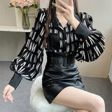 Fashion Lapel Printed Spliced Pockets Button Lantern Sleeve Chiffon Shirt Loose Casual Female Clothing Commute Blouse Women Plus Size Clothing