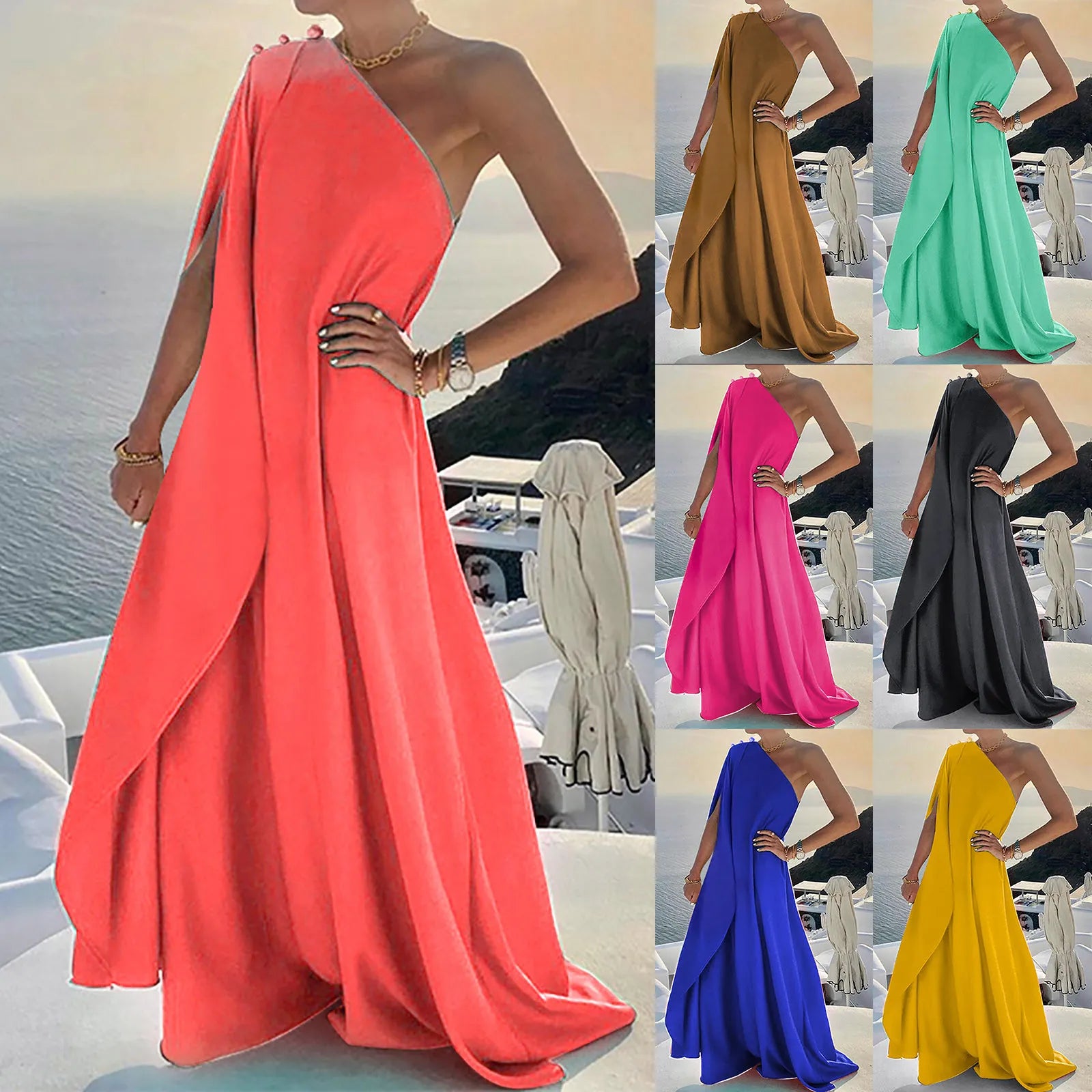 Plus Size Sexy One Shoulder Swing Elegant Ladies Wedding Party Nightgowns Summer Loose Sleeveless Maxi Dress Guest Robe Women Dress For Work - Women Prom