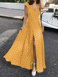 Celmia Bohemian Polka Dot Split Hem Maxi Sundress Woman Summer Short Sleeve Long Dress Vacation V-Neck Belted Vestidos Women Casual - Women Prom