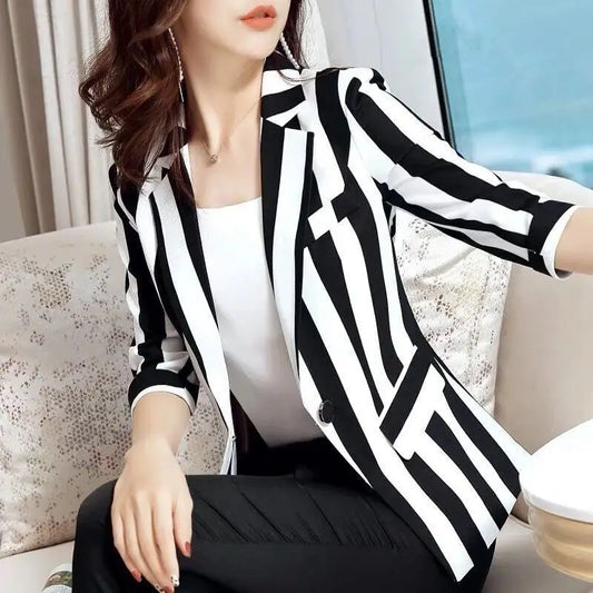 Striped Blazers Spring Summer Women's Clothing Thin Leisure Simple V-neck Cardigan Pockets Button Skinny Formal Women Plus Size Clothing - Women Dress For Work