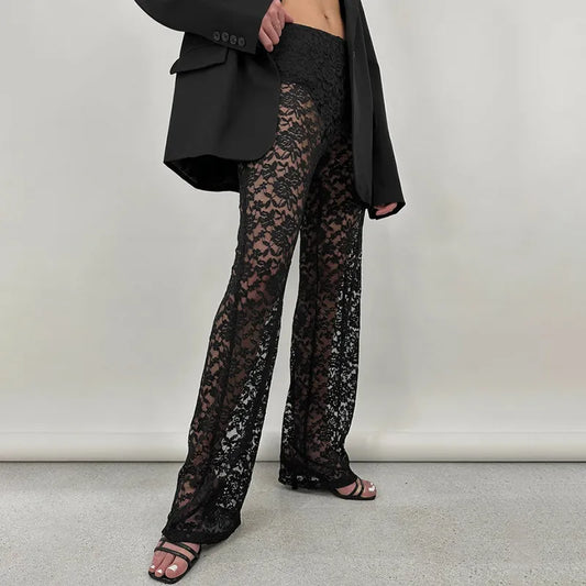 New sexy all-match lace see-through high waist splicing long casual Y2K straight trousers elegant and luxurious women contemporary