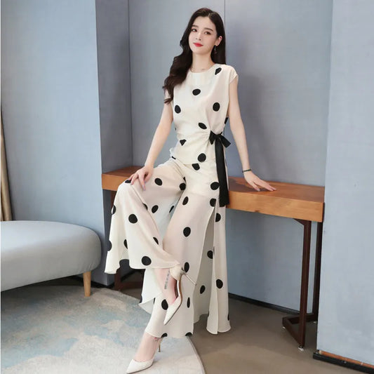 Women's Chiffon Sport Suit Summer New Fashion Polka Dot Wide Leg Pants Crop Two Piece Set For Women Plus Size Clothing - Women Prom - Women Dress For Work