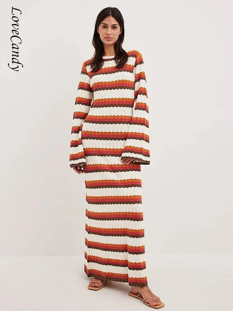 Contrast Striped Knitted Cotton Dresses Woman Fashion O-Neck Long Sleeve Slim Backless Maxi Dress Lady Bodycon Vestidos Women Casual - Women Plus Size Clothing