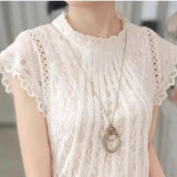 Ladies White Lace Blouse Short Sleeve Stand Collar Women's Top Elegant Patchwork Crochet Women's Shirt Plus Size Blusas Mujer 01C Women Tops - Women Short