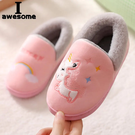 New Unicorn Kids Slippers For Toddler Boys Indoor Baby Girl Fur Slides Cotton Flip Flop Warm Winter House Children Slipper Girls Shoes